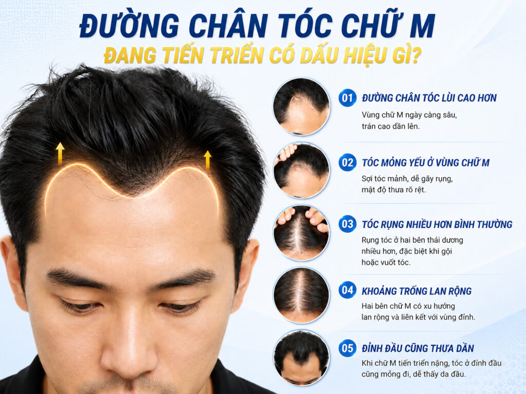 Đường chân tóc chữ M đang tiến triển có dấu hiệu gì? 