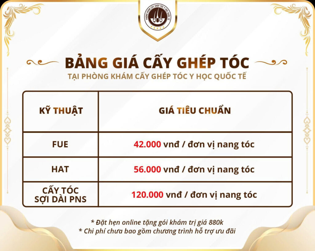 Giá cấy tóc các phương pháp chưa bao gồm ưu đãi tại Phòng Khám Cấy Tóc Y Học Quốc Tế  