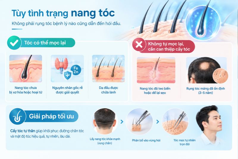 Rụng tóc bệnh lý có thể tự mọc lại không? Khi nào cần cấy tóc 
